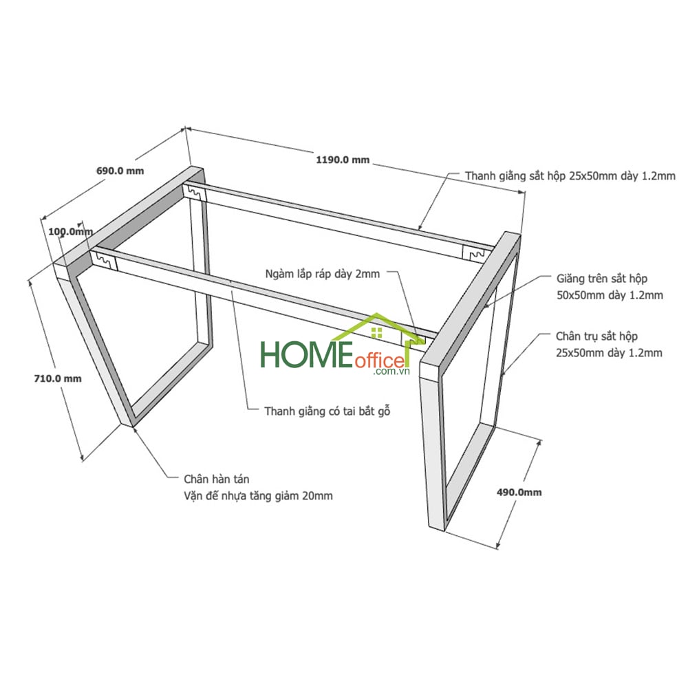 Kích thước chi tiết chân sắt lắp ráp cho bàn 140x70cm