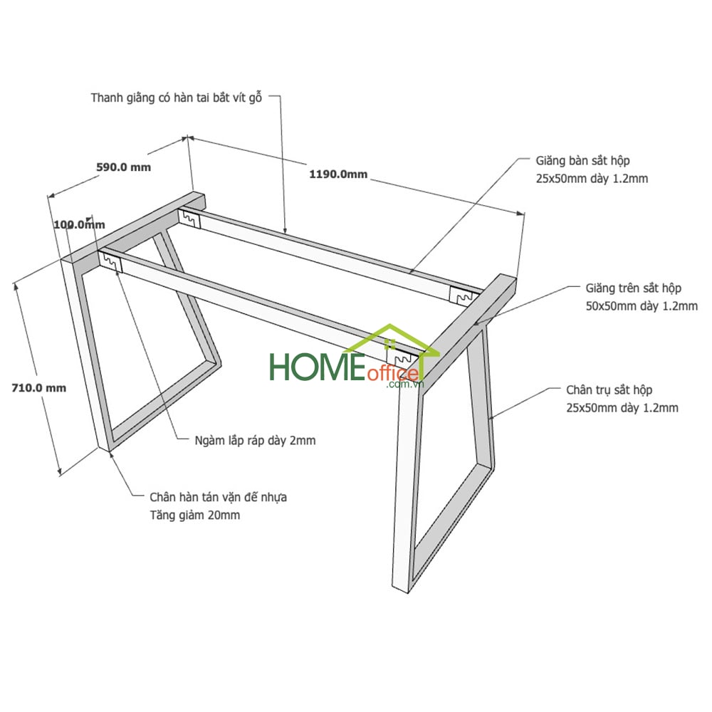 Kích thước chân bàn sắt lắp ráp cho bàn 120x60x75cm