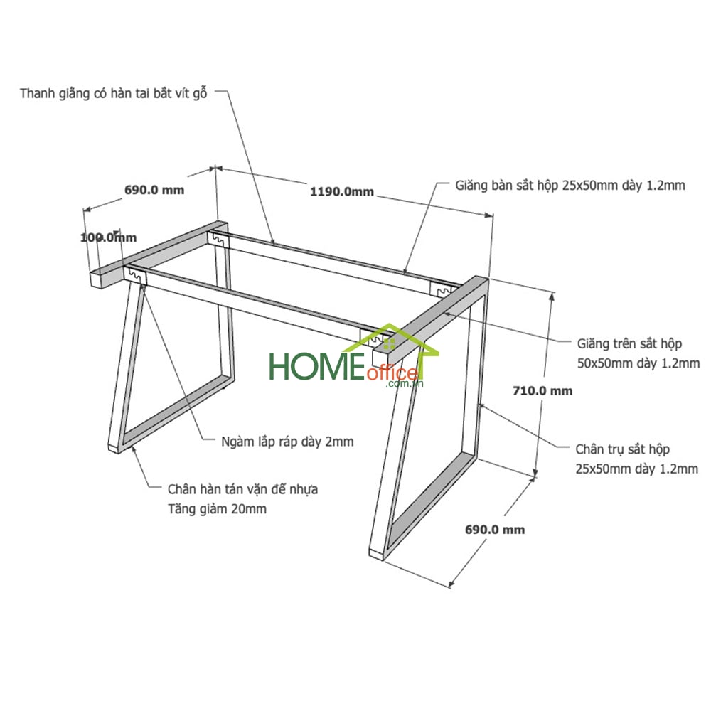 Kích thước chân sắt lắp ráp cho bàn 120x70x75cm