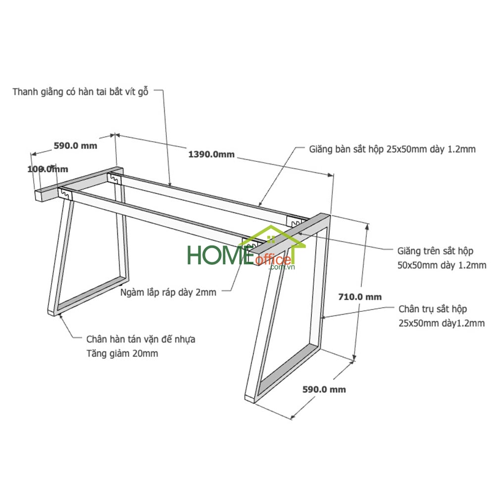 Kích thước chân sắt lắp ráp cho bàn 140x60x75cm