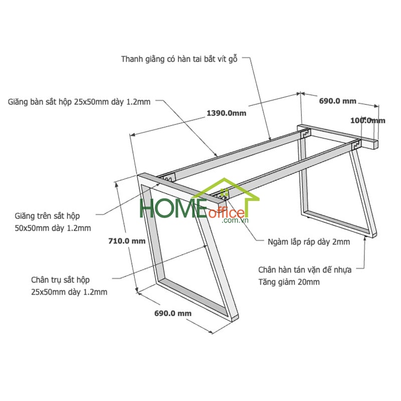 Kích thước chân sắt lắp ráp cho bàn 140x70x75cm