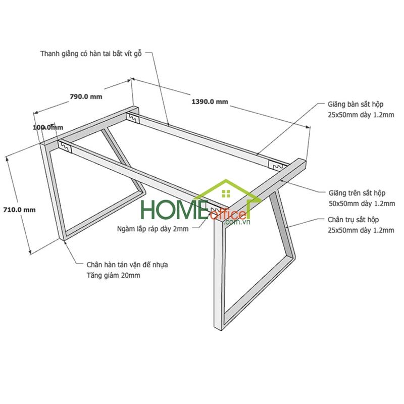 Kích thước chân sắt lắp ráp cho bàn 140x80x75cm