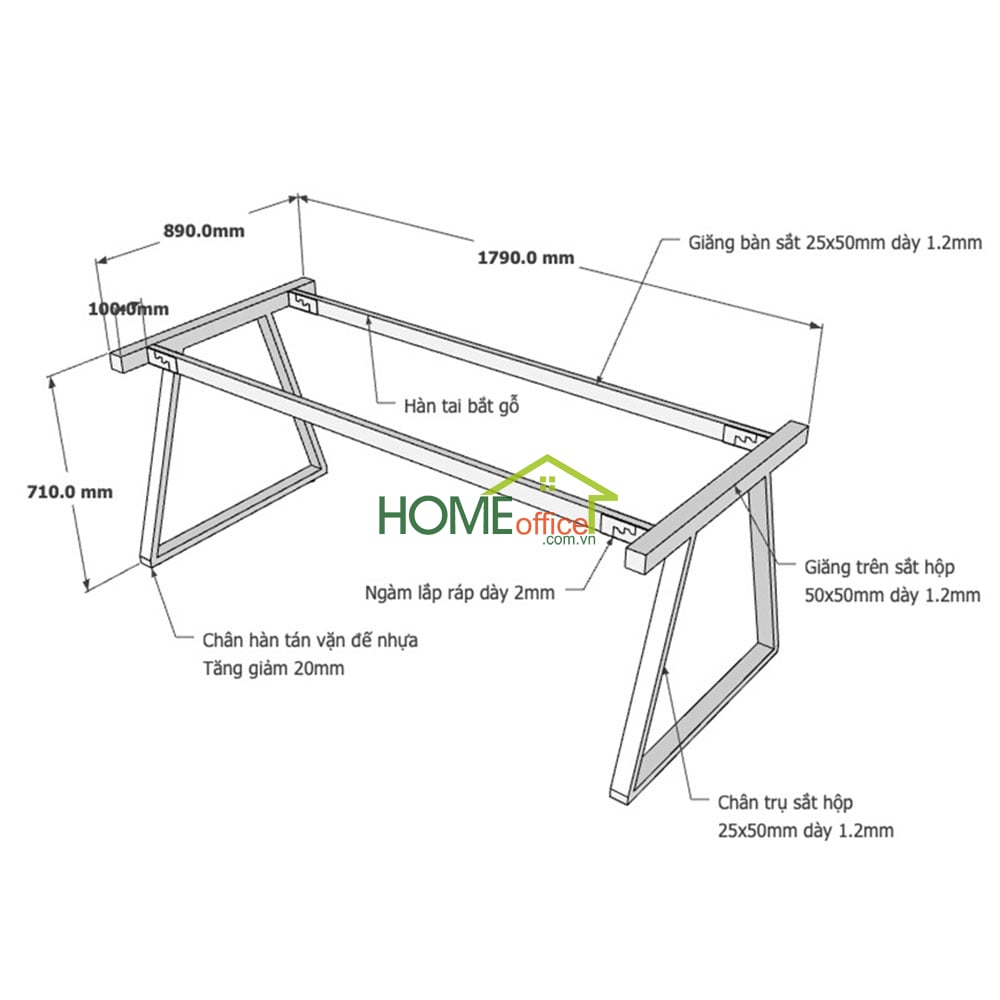 kích thước chân sắt lắp ráp cho bàn 180x90cm