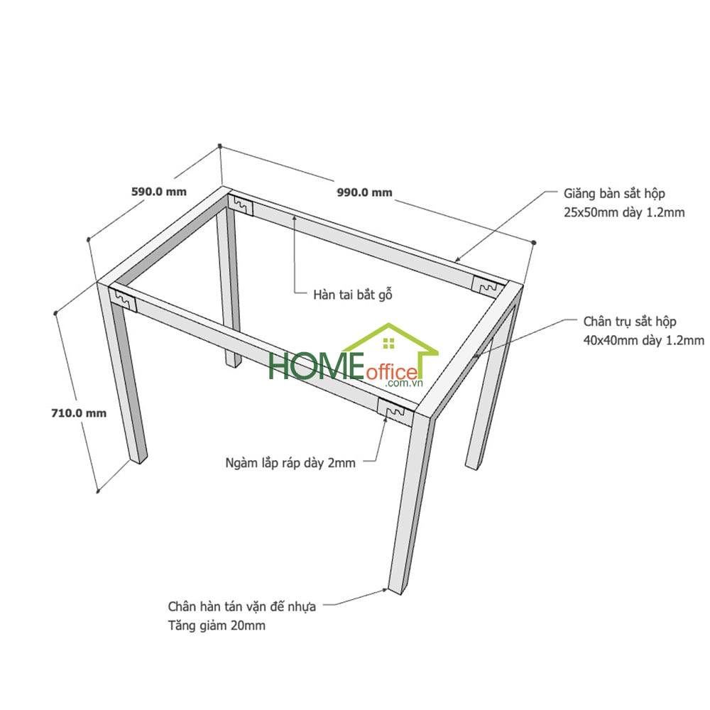 Kích thước chân sắt lắp ráp hệ Uconcept cho bàn 100x60cm