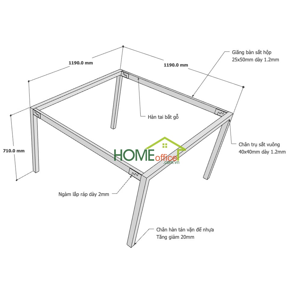 Kích thước chân sắt lắp ráp cho bàn cụm 2 120x120cm