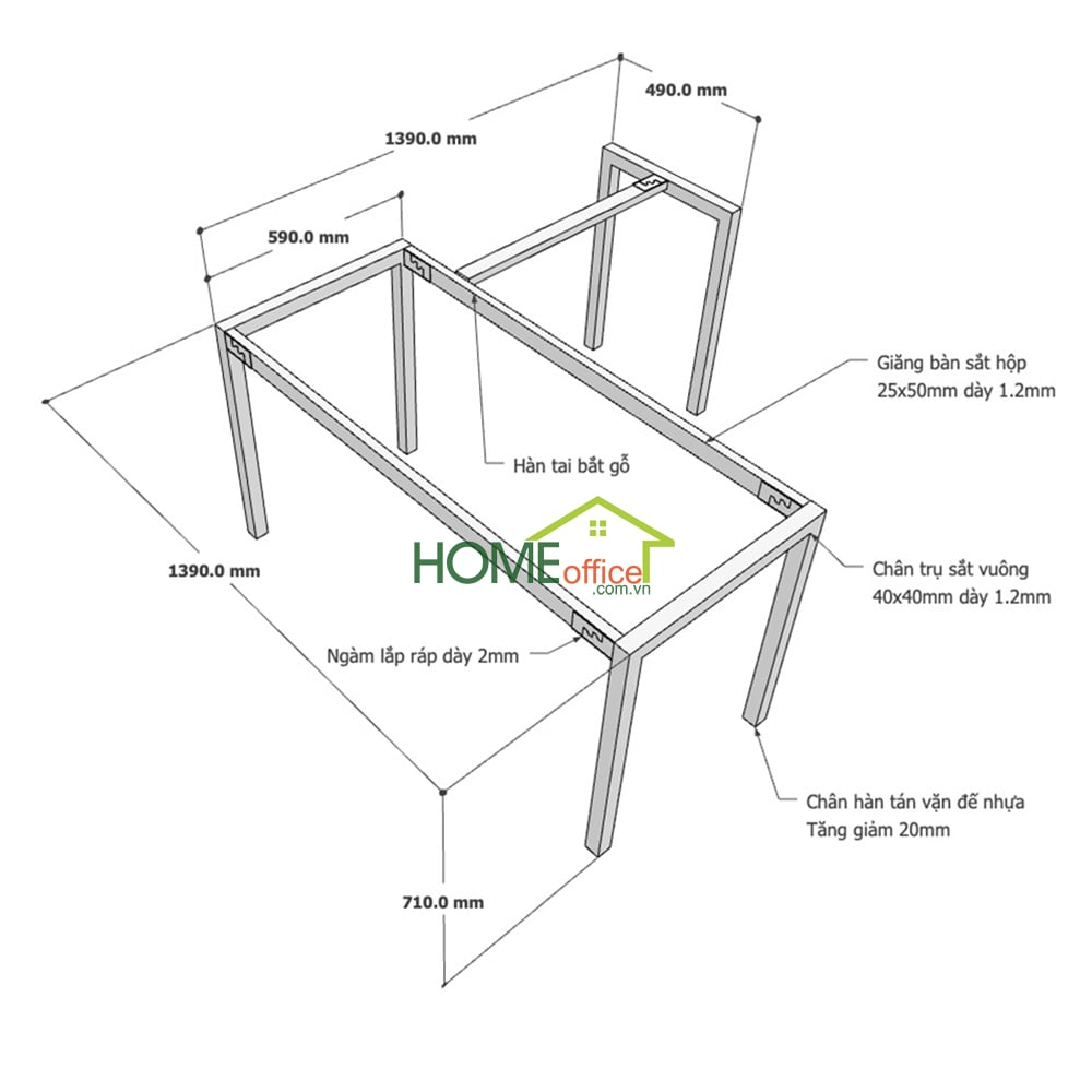 Kích thước chân sắt lắp ráp cho bàn góc L 140x140cm