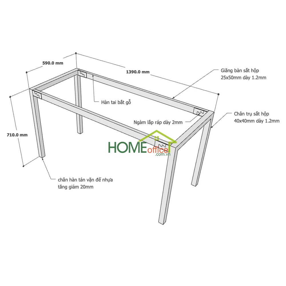 Kích thước chân sắt lắp ráp hệ Uconcept cho bàn 140x60cm