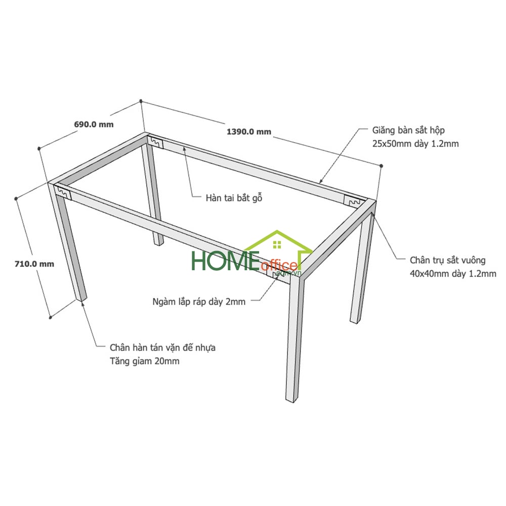 Kích thước chân sắt lắp ráp cho bàn 140x70cm
