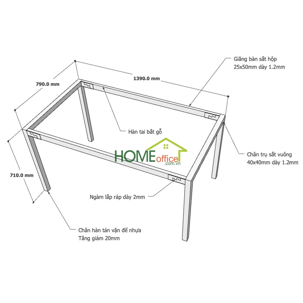Kích thước chân sắt lắp ráp cho bàn 140x80cm
