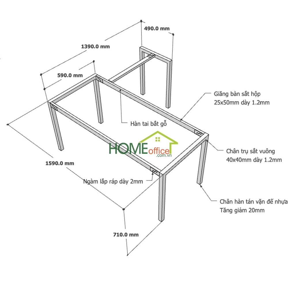 Kích thước chân sắt lắp ráp hệ Uconcept cho bàn chữ L 160x140cm