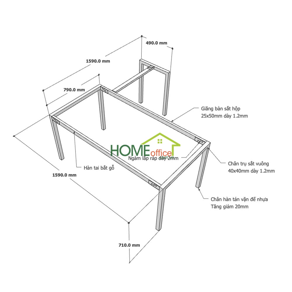 Kích thước chân sắt lắp ráp cho bàn chữ L 160x160cm