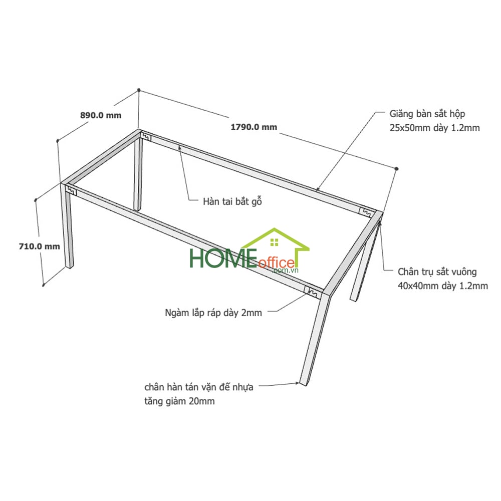 Kích thước chân sắt lắp ráp hệ Uconcept cho bàn 180x90cm