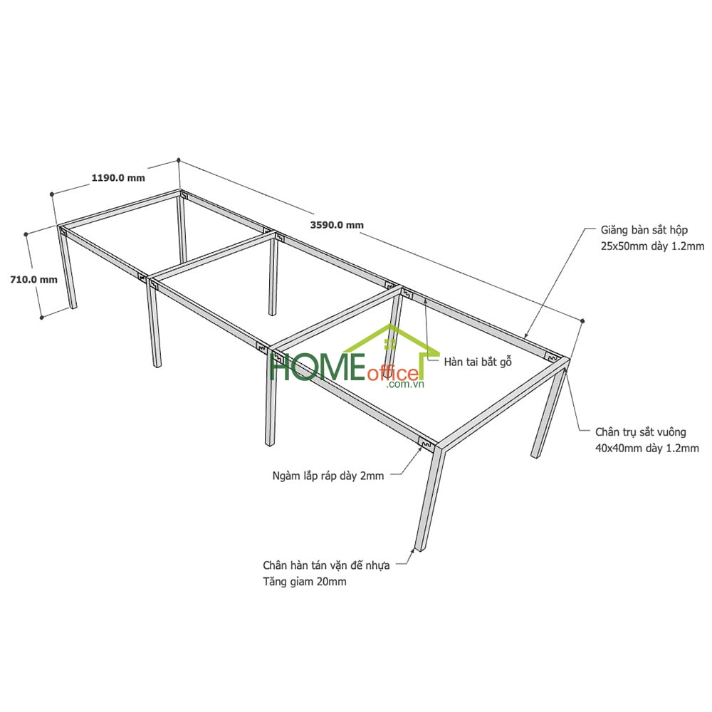 Kích thước chân sắt lắp ráp hệ Uconcept cho bàn 360x120cm