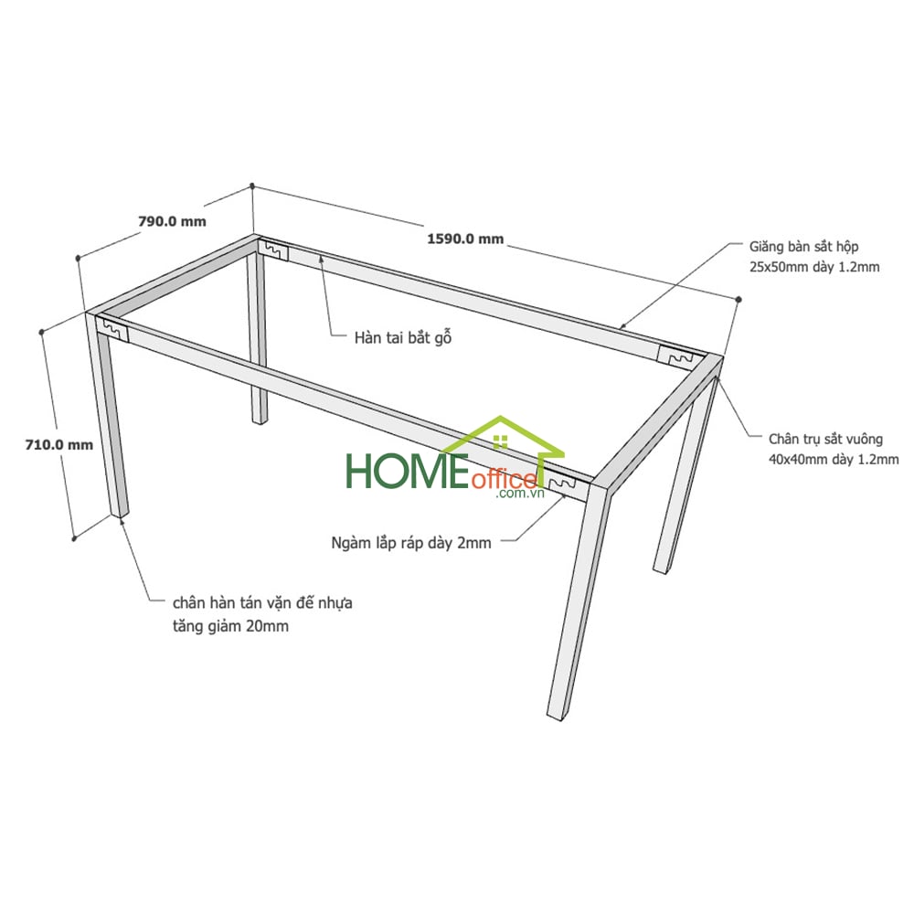 Kích thước chân sắt lắp ráp hệ Uconcept cho bàn 160x80cm