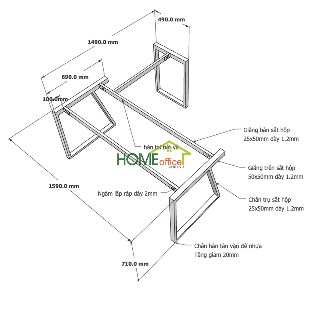 Kích thước chân sắt lắp ráp cho bàn góc L 160x150cm