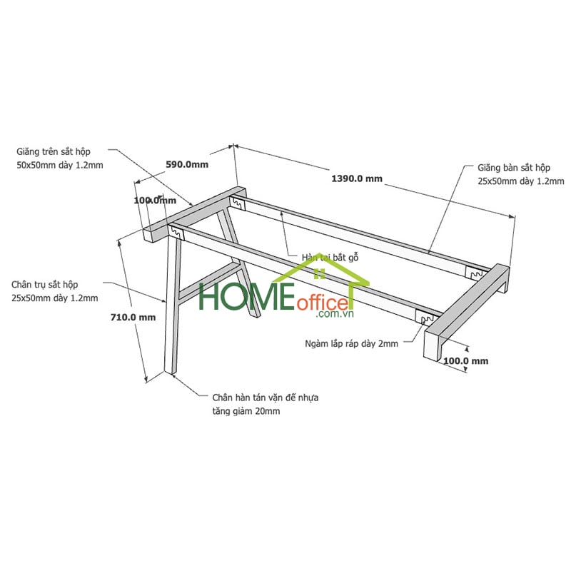Kích thước chân sắt lắp ráp cho bàn gác tủ 140x60cm