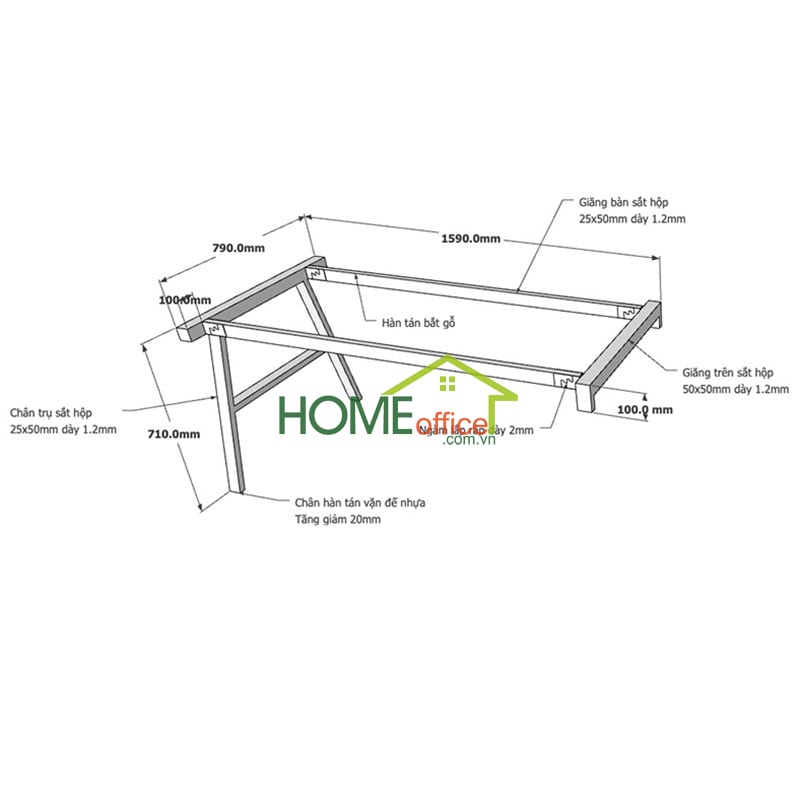 Kích thước chân sắt lắp ráp cho bàn gác tủ 160x80cm