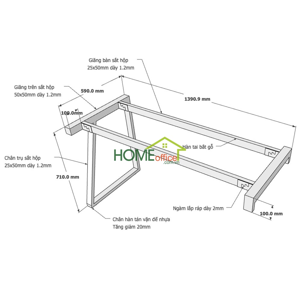 Kích thước chân sắt lắp ráp cho bàn gác tủ 140x60cm