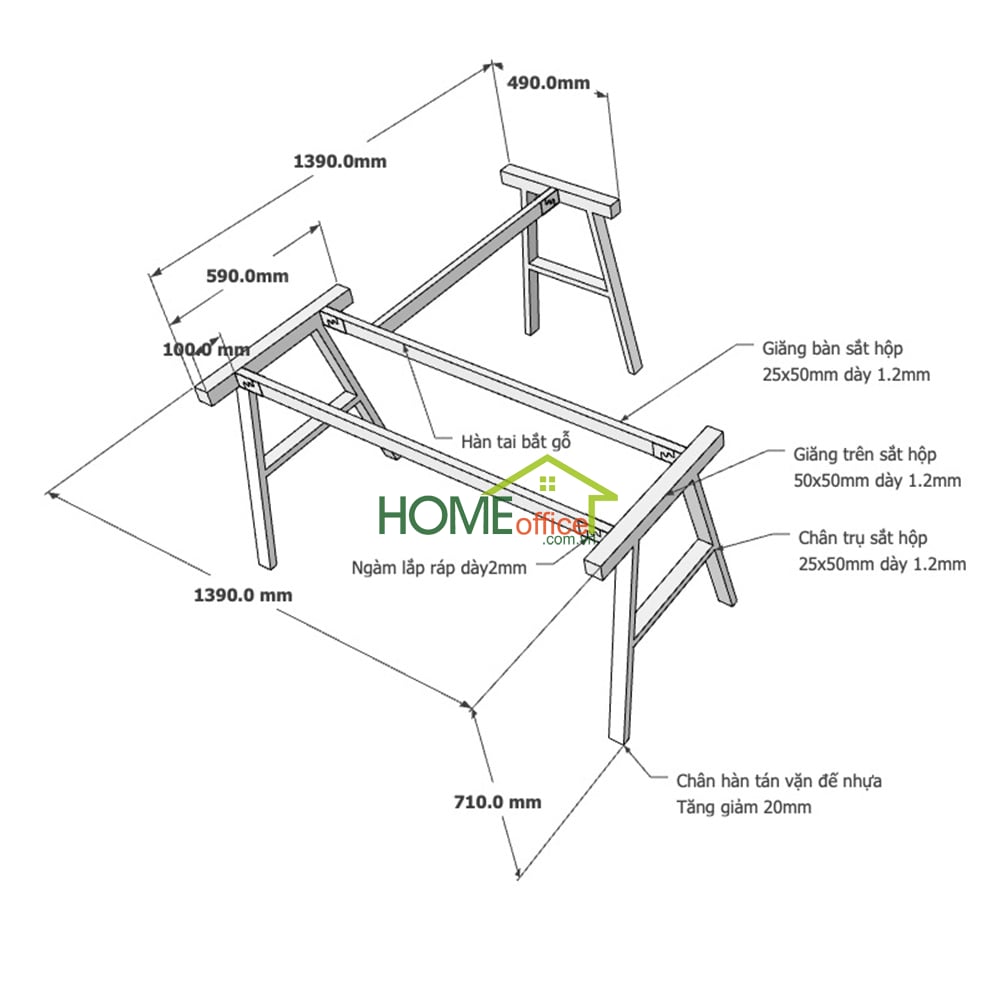 Kích thước chân sắt lắp ráp cho bàn góc L 140x140x75cm