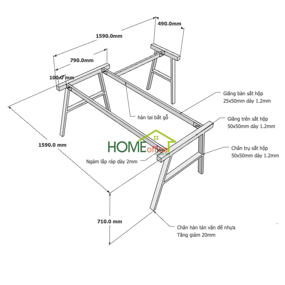 Kích thước chân sắt lắp ráp hệ Aconcept cho bàn góc L 160x160x75cm