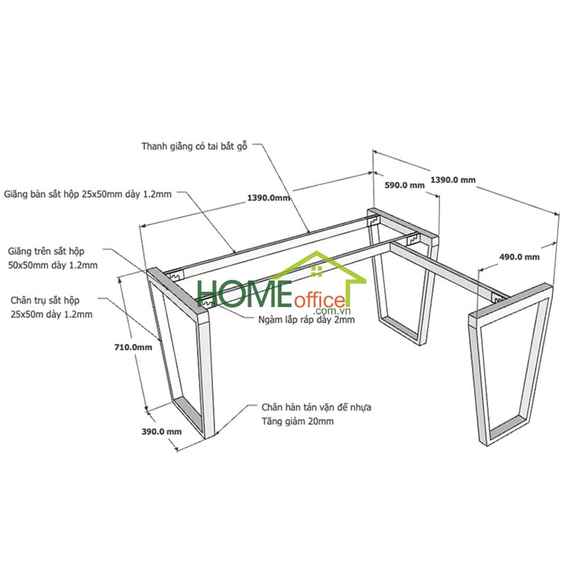 Kích thước chi tiết chân sắt lắp ráp cho bàn 140x140cm
