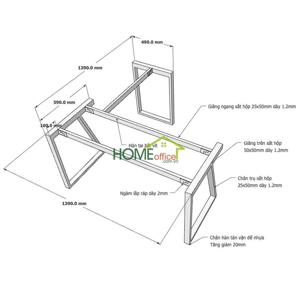 Kích thước chân sắt lắp ráp cho bàn góc L 140x140x75cm