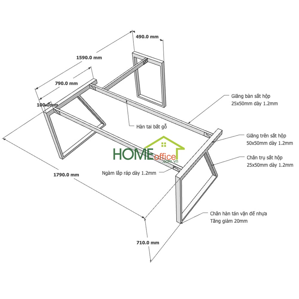 Kích thước chân sắt lắp ráp cho bàn góc L 180x160cm