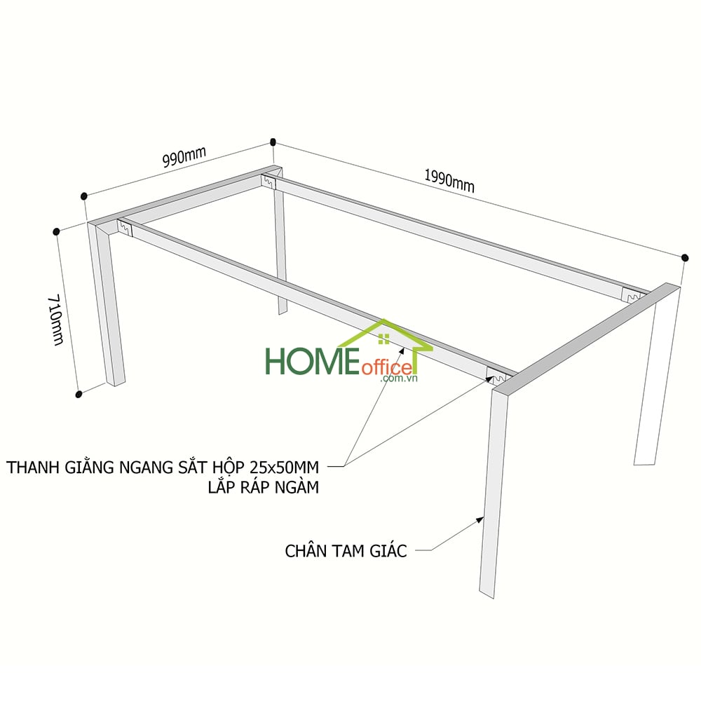 Kích thước chân sắt lắp ráp hệ Trian cho bàn 200x100cm