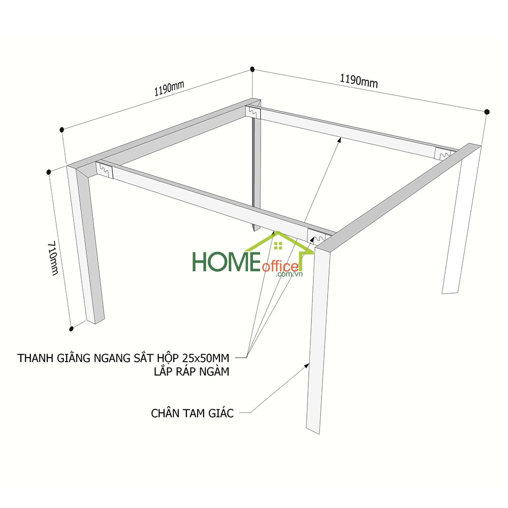 Kích thước chân sắt lắp ráp hệ Trian cho bàn 120x120cm