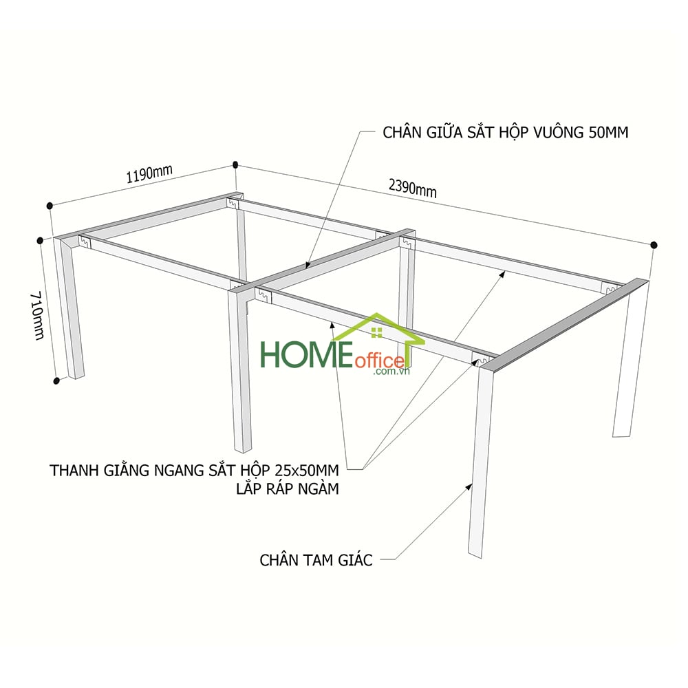 Kích thước chân sắt lắp ráp hệ Trian cho bàn 240x120cm