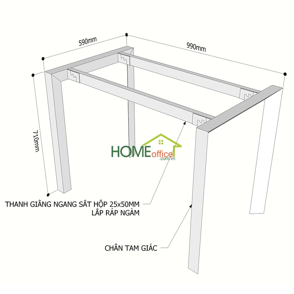 Kích thước chân sắt lắp ráp hệ Trian cho bàn 100x60cm