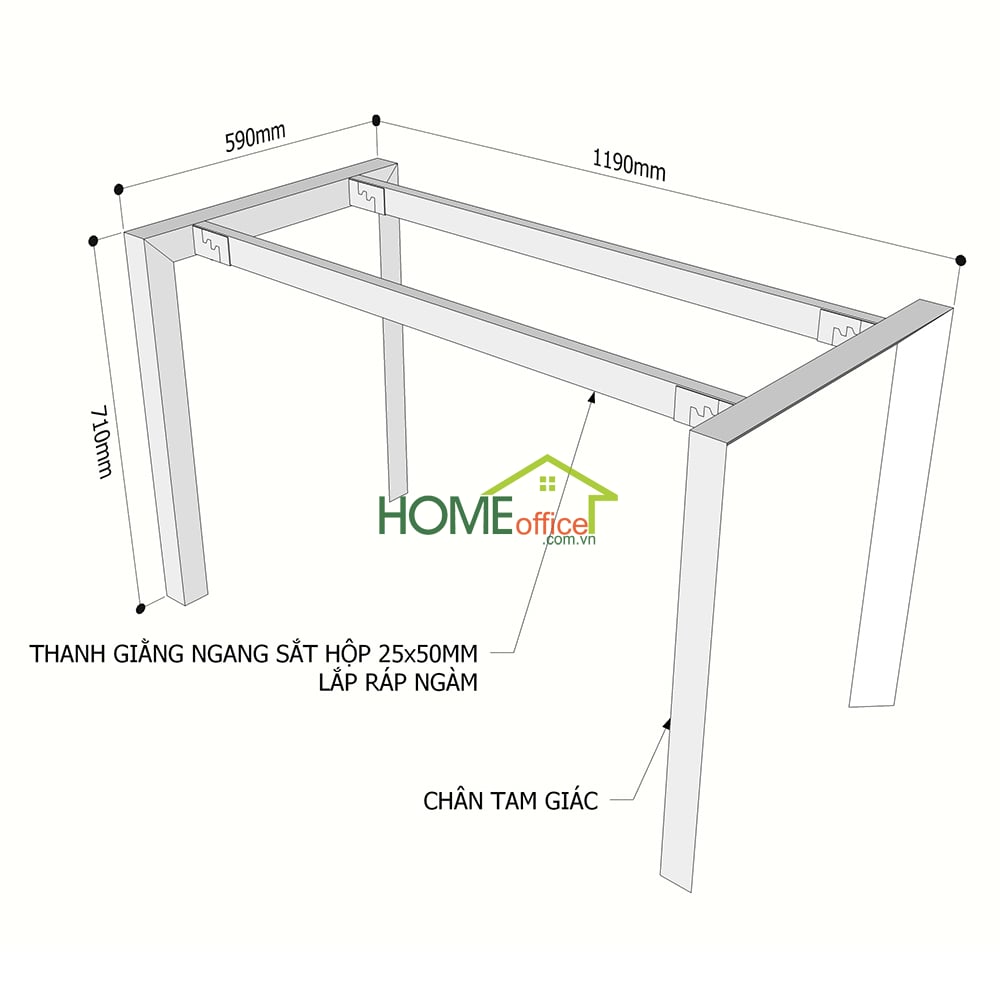 Kích thước chân sắt lắp ráp hệ Trian cho bàn 120x60cm