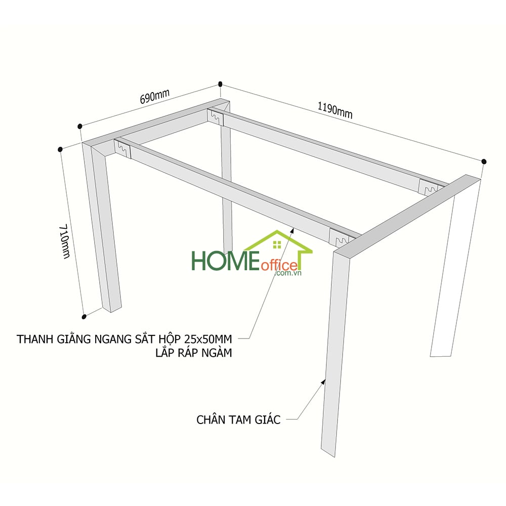 Kích thước chân sắt lắp ráp hệ Trian cho bàn 120x70cm