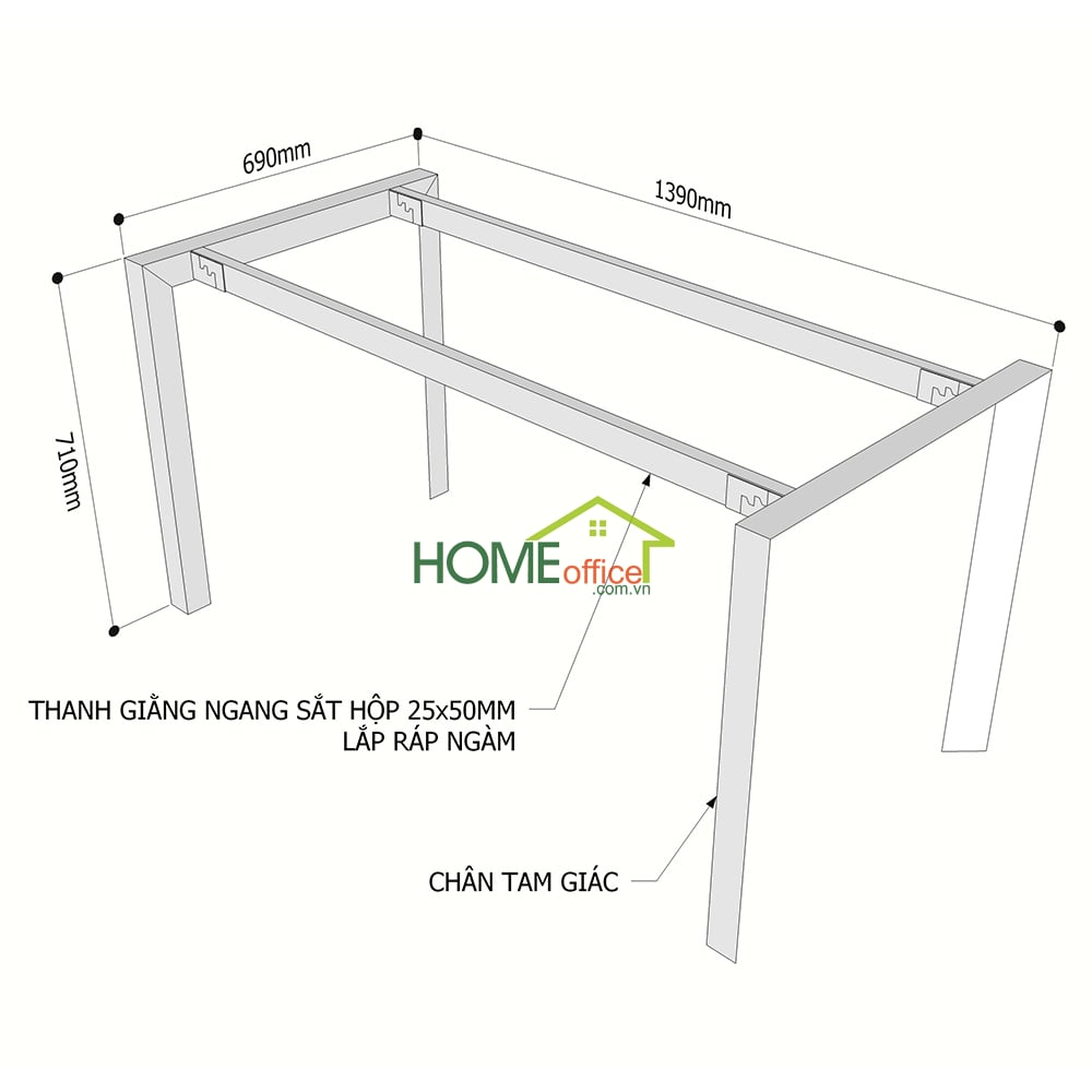 Kích thước chân sắt lắp ráp hệ Trian cho bàn 140x70cm