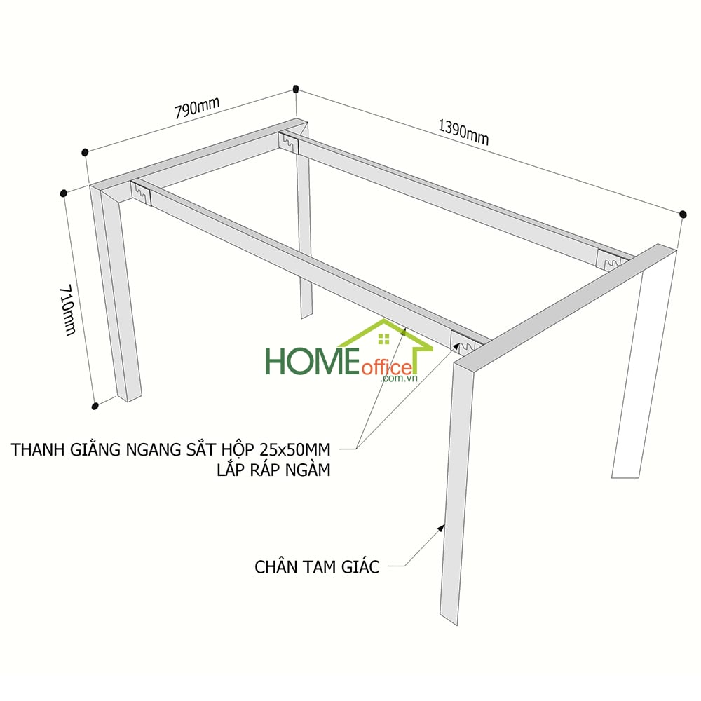 Kích thước chân sắt lắp ráp hệ Trian cho bàn 140x80cm