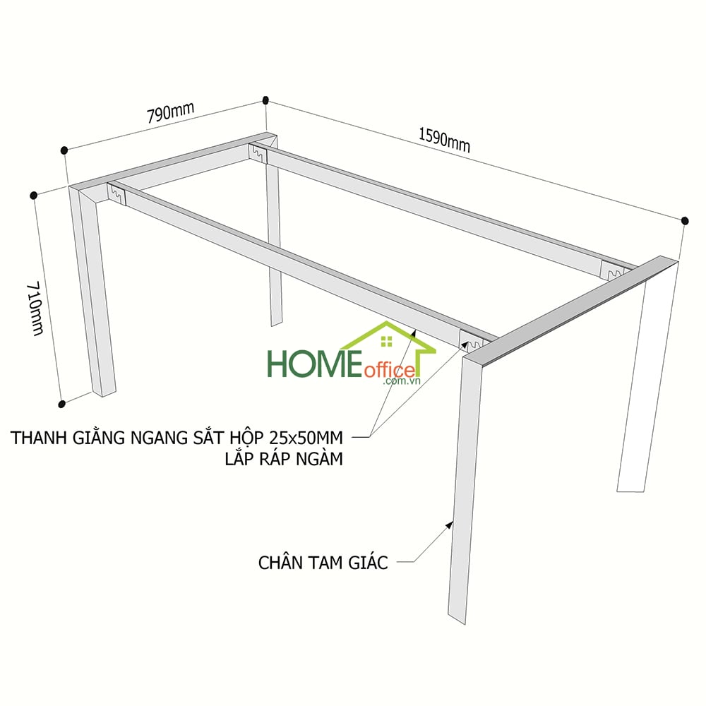 Kích thước chân sắt lắp ráp hệ Trian cho bàn 160x80cm