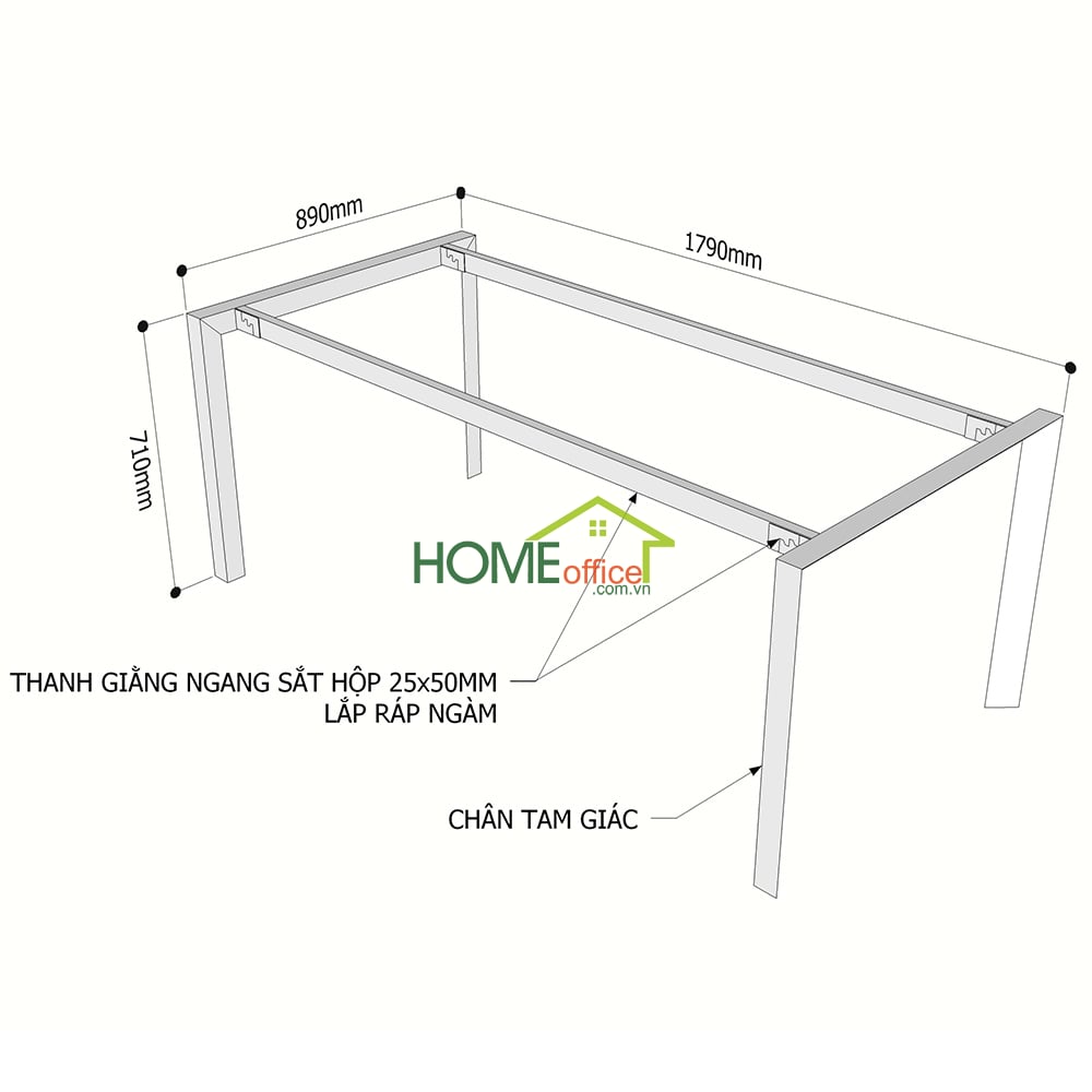 Kích thước chân sắt lắp ráp hệ Trian cho bàn 180x90cm