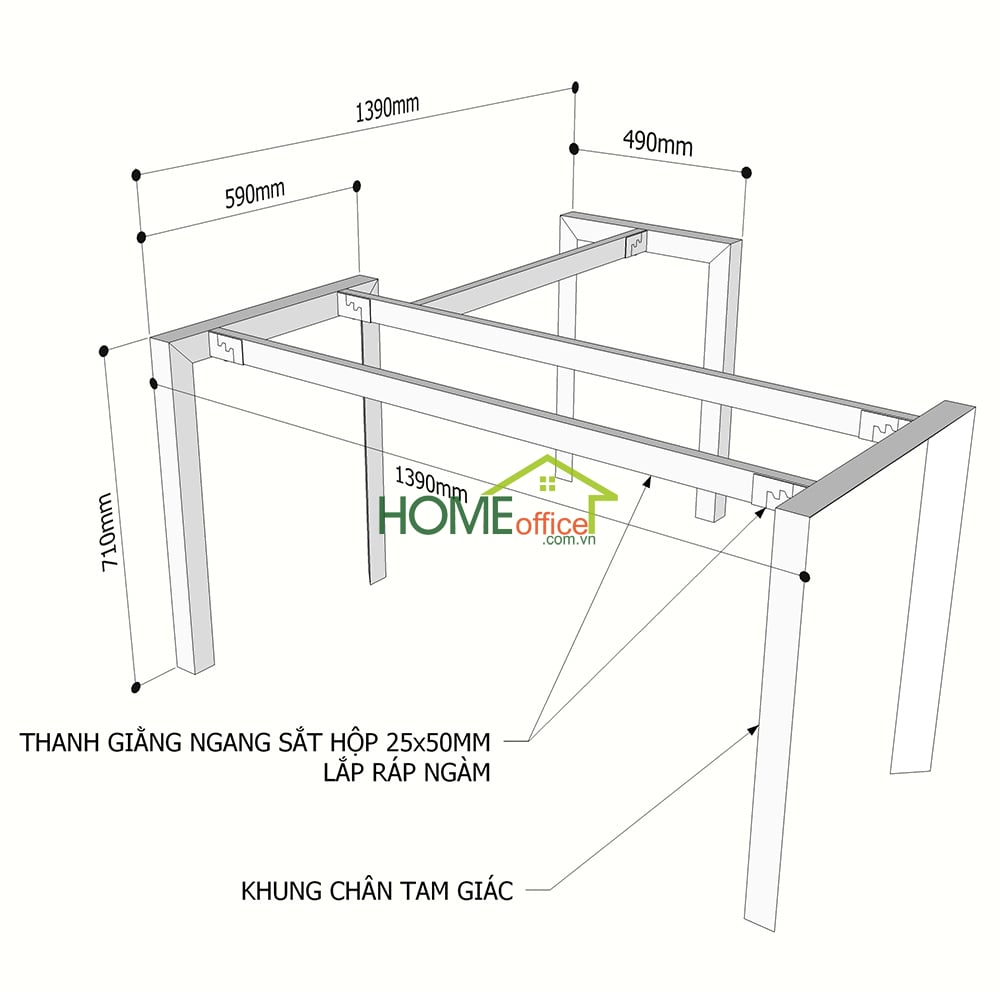 Kích thước chân sắt lắp ráp hệ Trian cho bàn chữ L 140x140cm