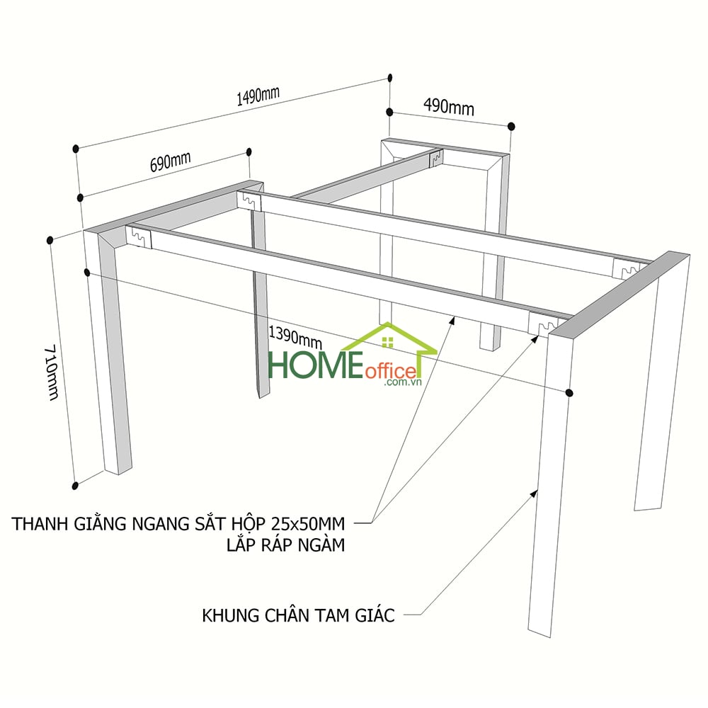 Kích thước chân sắt lắp ráp hệ Trian cho bàn chữ L