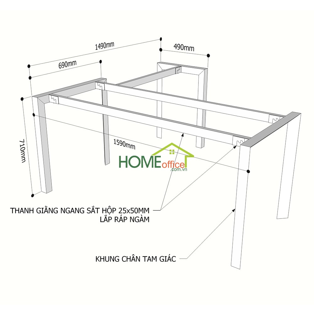 Kích thuớc chân sắt lắp ráp cho bàn chữ L 160x150cm