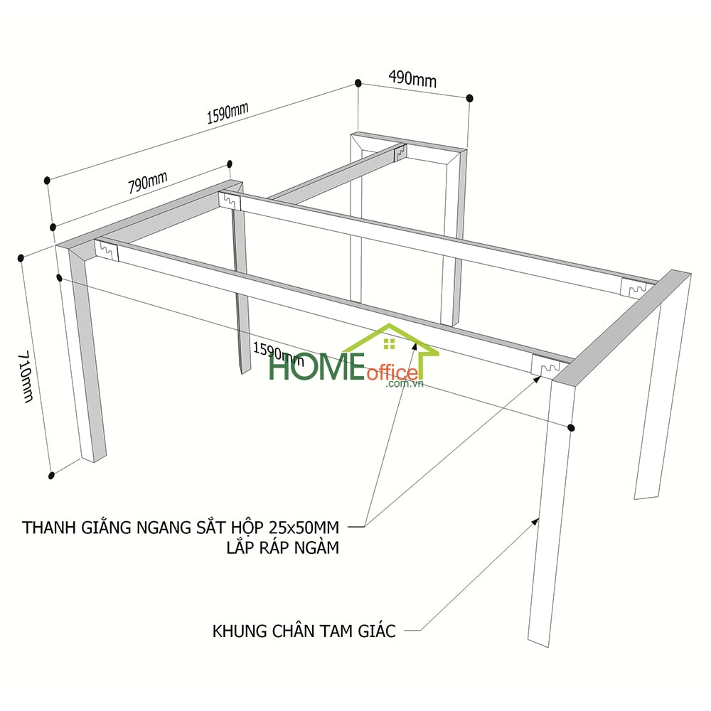 Kích thước chân sắt lắp ráp hệ Trian cho bàn 160x160cm