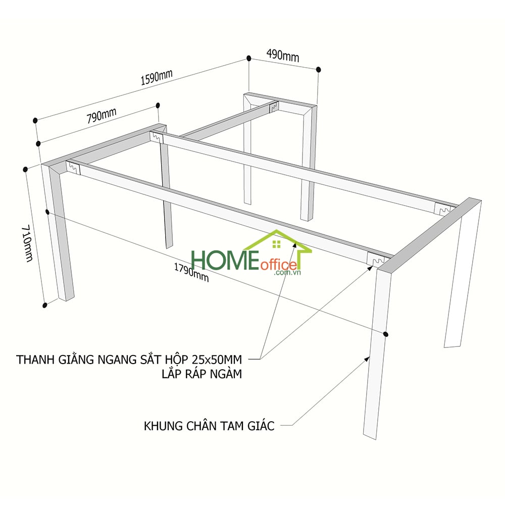 Kích thước chân sắt lắp ráp hệ Trian cho bàn 180x160cm