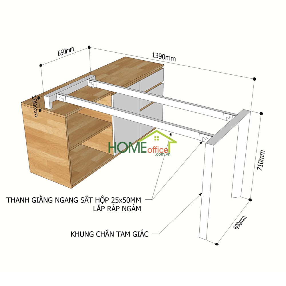 Kích thuớc chân sắt lắp ráp cho bàn gác tủ mặt bàn 140x70cm