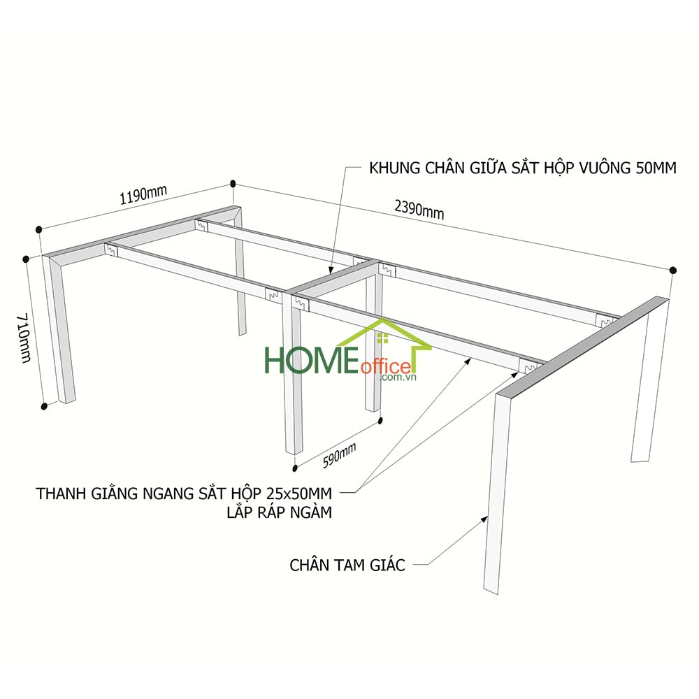 Kích thước chân sắt lắp ráp hệ Trian cho bàn họp 240x120cm