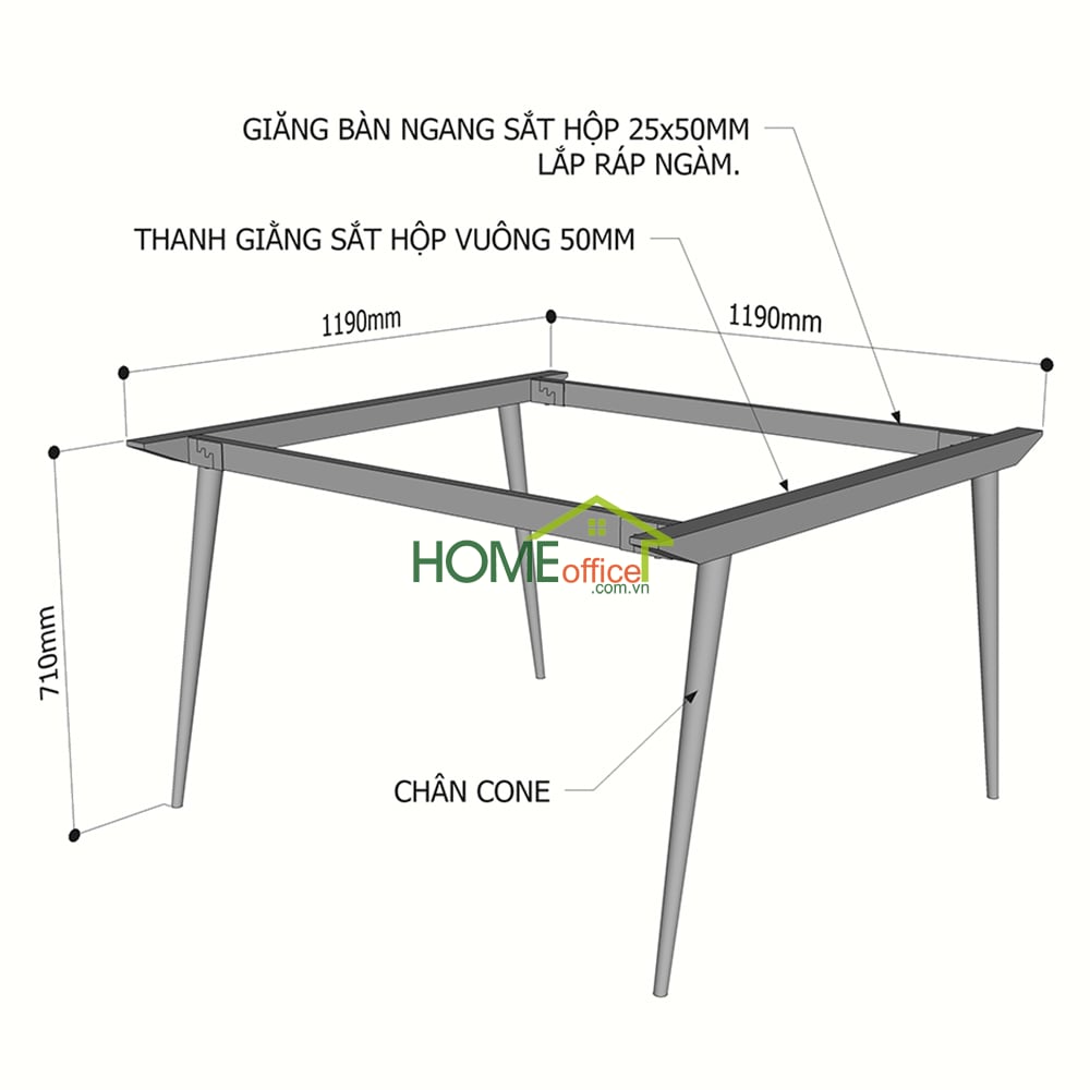 Kích thước chân sắt lắp ráp cho bàn cụm 2 người ngồi 120x120cm