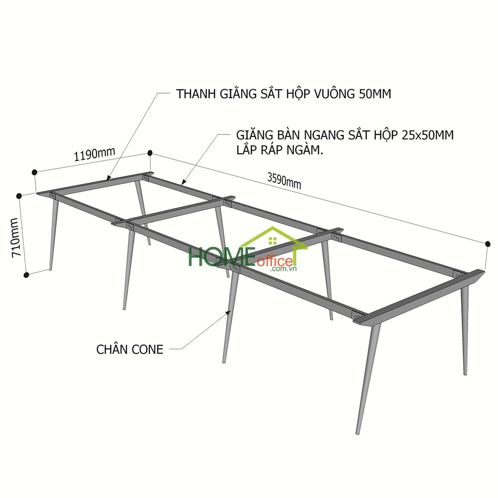 Kích thuớc chân sắt lắp ráp cho bàn cụm 6 chỗ ngồi