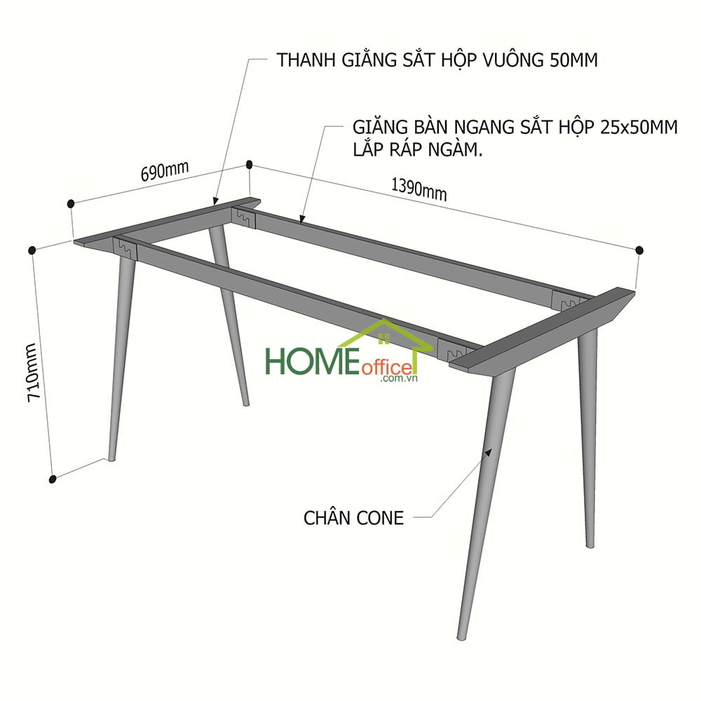 Kích thước chân sắt hệ CONE cho bàn 140x70cm