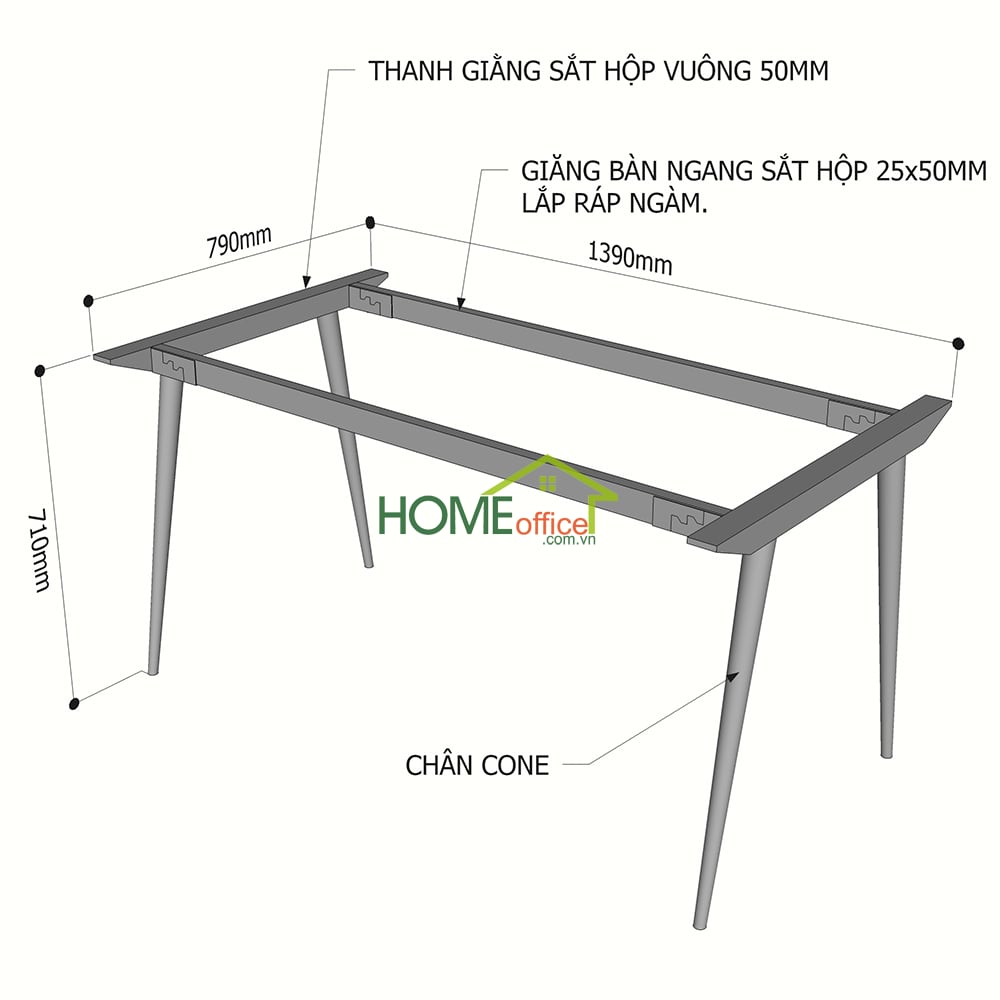 Kích thước chân sắt lắp ráp cho bàn 140x80cm