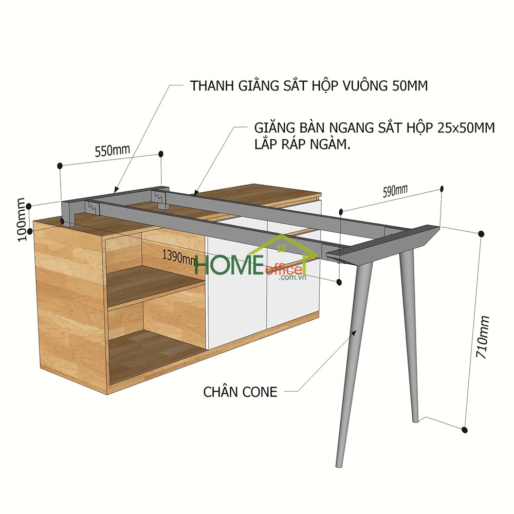 Kích thước chân sắt lắp ráp cho bàn gác tủ