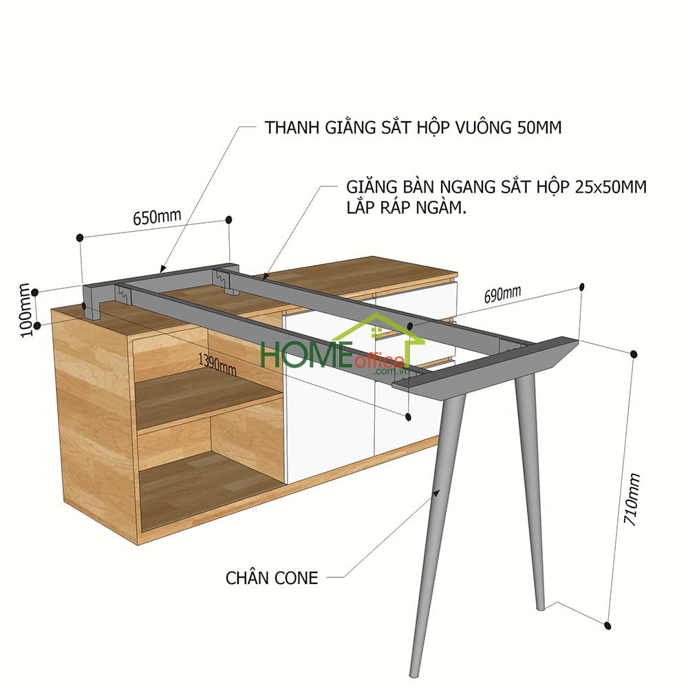 Kích thước chân sắt cho bàn gác tủ mặt bàn 140x70cm